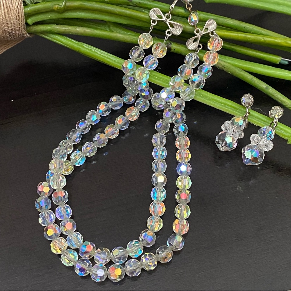 Vintage Unsigned Aurora Borealis Double Strand Statement Necklace & Earrings Set